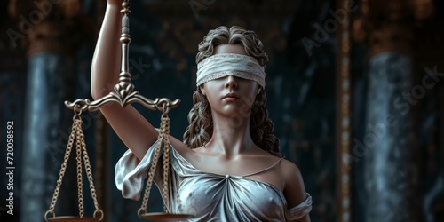 Lady Justice with White Lace Band over her Eyes holding Scale in her Hand - Woman Lady Justice Background created with Generative AI Technology