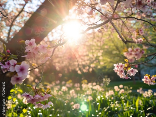 Azalea and Cherry Blossoms in Radiant Sun Flare, a Vivid Spring Floral Explosion