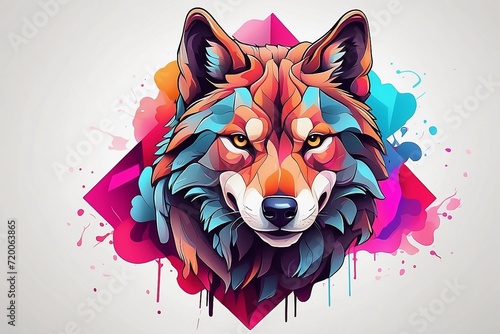 Minimalist neon line logo of a tessellated geometric Wolf surrounded by colorful smoke effects vectorized, symmetrical, white background.