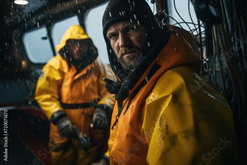 Sailor together with crew in yellow raincoat looking at camera. Close-up portrait. Wavy storm ocean, rain, sailors wear yellow raincoats. Courage and perseverance to overcome difficulties