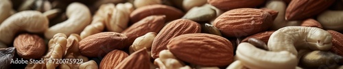 Close-up of mixed nuts and seeds, showcasing textures and natural colors, with a soft-focus background emphasizing health and nutrition