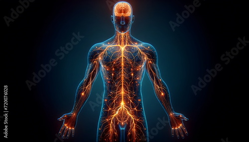 Medical technology concept. Electronic medical record. Holographic with the shape of a human body equipped with a nervous system.