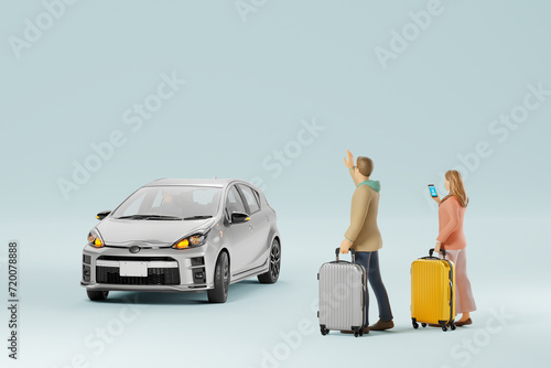 スマートフォンアプリでライドシェアの車を手配する外国人観光客 / ライドシェアのコンセプトイメージ / 3Dレンダリング