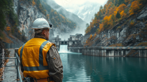 A dam engineering doing his checking routine. He is wearing a white hard hat and yellow transparent vest. He is standing by the rail by the dam. generative ai.