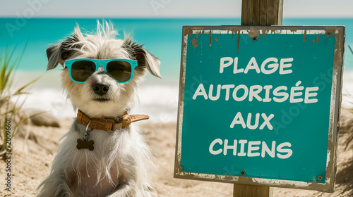 chien qui pose sur une plage à côté d'un panneau autorisant les chiens sur la plage