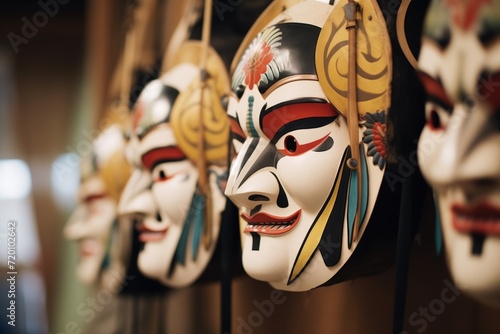 closeup of elaborate kabuki masks backstage