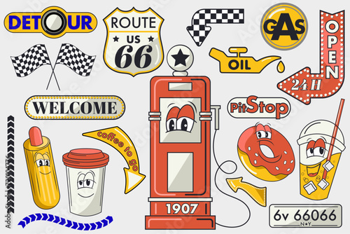 vintage car stickers for gas station, cartoon character of stickers of gas station, groovy character fast food on gas station