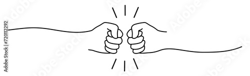 Fist bumping banner hand drawn with single line. Team work, cooperation, friends concept. Png illustration isolated on transparent background