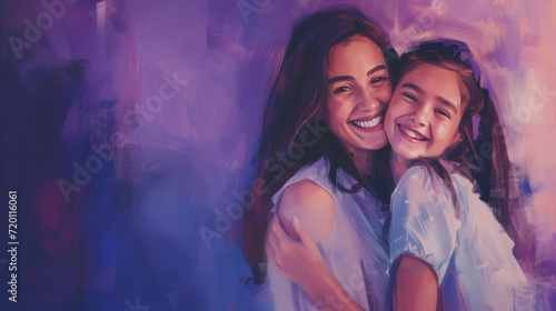 Mother and daughter painted illustration against a purple background. International women's day banner. Mother's Day art.