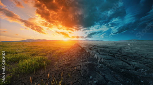 A striking contrast of a lush green field and a barren, cracked landscape under a fiery sky.