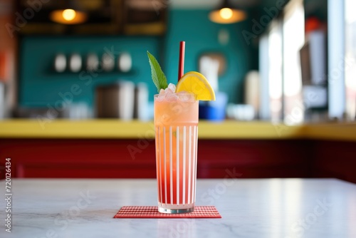lemonade in a tall, icefilled glass with red paper straw