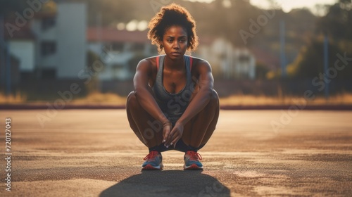 Photo of tired young african american woman resting after running outdoors in morning. Female athlete sitting on the track and field stadium. Selective focus.