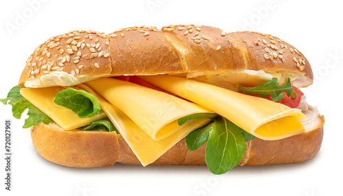 Sandwich with cheese and greens on a white background.