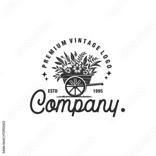 flower on cart vehicle traditional logo design, farming wagon, cart wood rustic vector graphic illustration