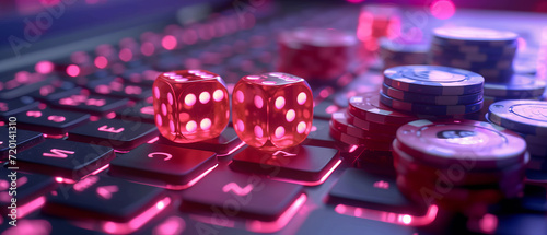 Online gambling, casino chips, cards and dice laying on laptop keyboard, internet betting gaming addiction, generative ai.