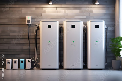 battery packs alternative electric energy storage system at home garage wall as backup or sustainable energy concepts