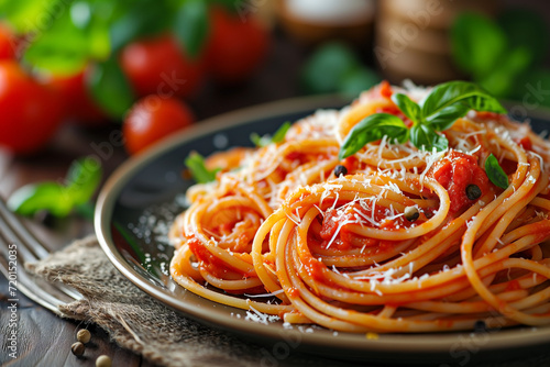 classic italian spaghetti pasta with tomato sauce, parmesan cheese, spices and basil on plate, dark table, selective focus