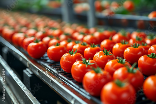 automatic working process of production of tomato fruits on assembly line to canned food on vegetable factory