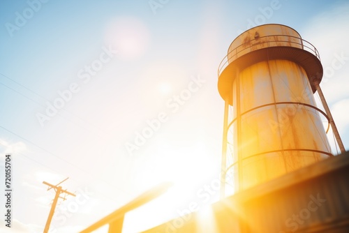 sun flare beside a water tower during golden hour