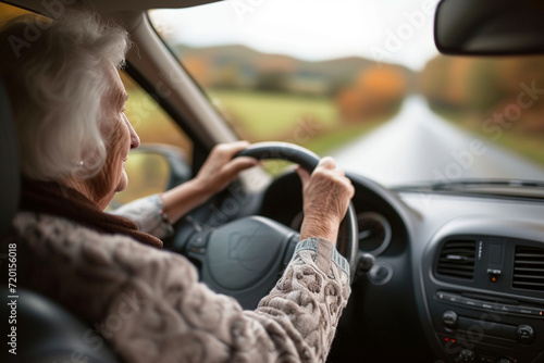 a modern focused elderly woman confidently drives a car, the concept of an active old age and a happy life