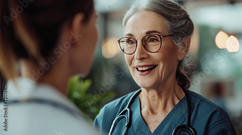 Compassionate Care Conversation, senior woman in medical scrubs shares a joyful moment with a healthcare professional, embodying the warm, patient-centered approach to modern medicine.