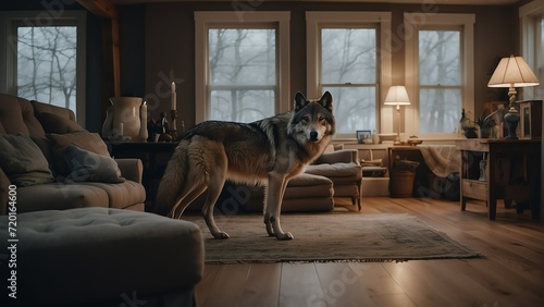 An wolf in the living room of a cozy home from Generative AI
