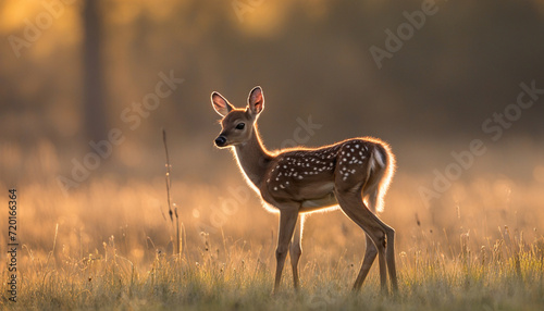 Sunrise backlit of a whitetail fawn in an open field