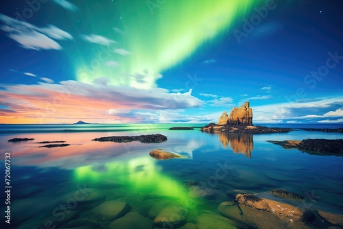 bright aurora over the ocean reflecting on mirror-like water