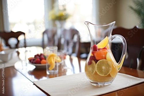 carafe of sangria with fruits minus the wine on dining table