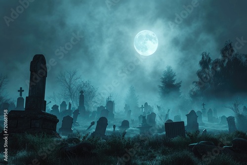 A spooky graveyard at night with tombstones, fog, and ominous moonlight Graveyard At Night Spooky Cemetery