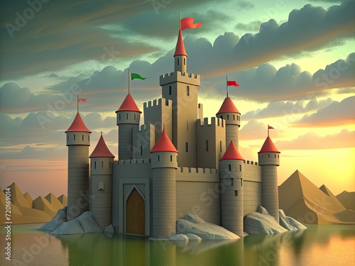 A castle with towers, a moat, and a flag