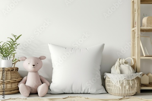Soft pink plush toy beside a white pillow in a child's room with wooden accents.