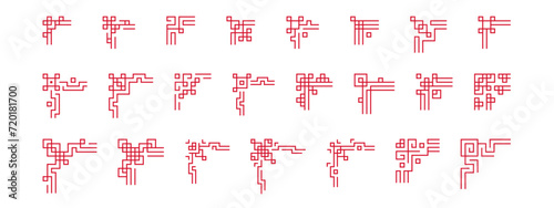 Big Set of Chinese frame corners. Traditional Asian pattern. Red vector illustration isolated on white background. Japanese, Korean and Chinese