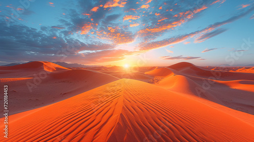 Amazing desert sunset. Beautiful arabian desert with warm colors. Colorful contours of sand dunes at Abu Dhabi. 
