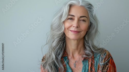 Beautiful woman with grey hair smiling posing on grey background.