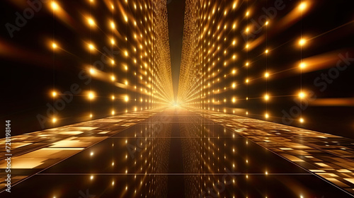 golden walkway with lights on the floor,Gold lights rays scene background. Golden light award stage with rays and sparks