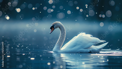 A majestic trumpeter swan glides gracefully through the tranquil waters of a winter lake, its snowy feathers reflecting the peacefulness of the outdoor scene