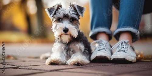 Cute shaggy schnauzer obediently sits next to persons legs, concept of Friendly companion