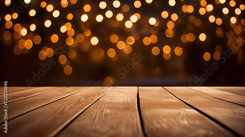 empty wooden table area behind artificial christmas lights on a wood background,Empty wood table top with blur bokeh light background