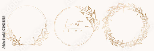 Botanical line illustration set of olive leaves, branch wreath for wedding invitation and cards, logo design, web, social media and posters template. Elegant minimal style floral vector isolated.