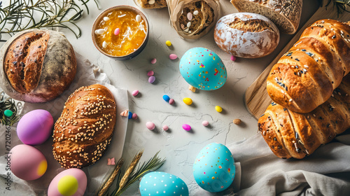 Easter traditional bread, colored eggs on a table, still life. Concept of symbol and celebration of Easter holiday. Close-up. Top view.