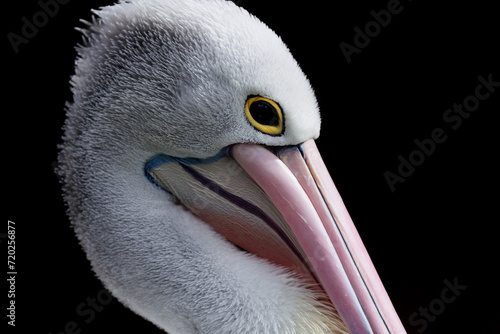 A Close-up portrait of an Australian pelican (Pelecanus conspicillatus). Australian pelican is a large waterbird. Bird in natural environment. 