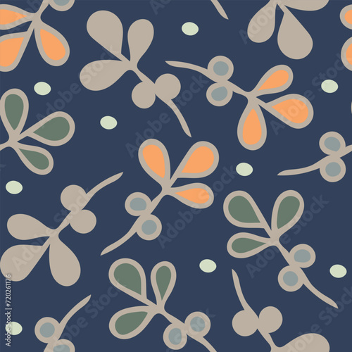 Seamless vector pattern with modern floral texture on blue background. Simple artistic branch wallpaper design. Decorative simple forest fashion textile.