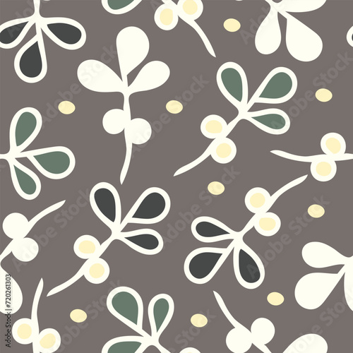 Seamless vector pattern with abstract leaf and dots on grey background. Simple artistic nature wallpaper design. Decorative floral fashion textile.