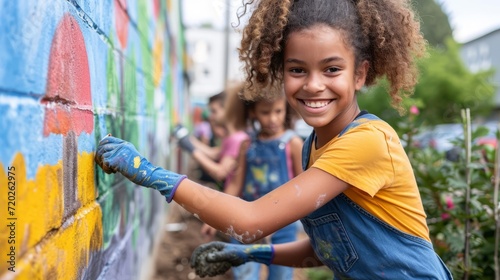 Smiling young girl painting colorful mural on community project day