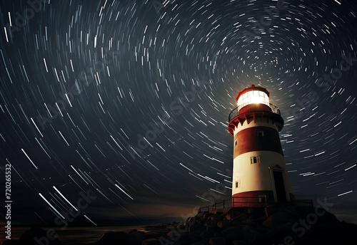 lighthouse at night in the sea with light trail