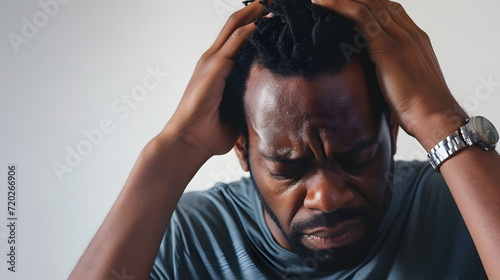 Handsome black man clutching holding his head in worry with white studio background, worried stress headache depression concept