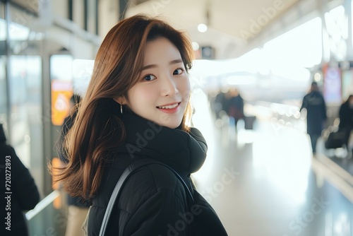 Beautiful and stylish female K-Pop idol smiles as she poses for the camera at korean airports. generative AI