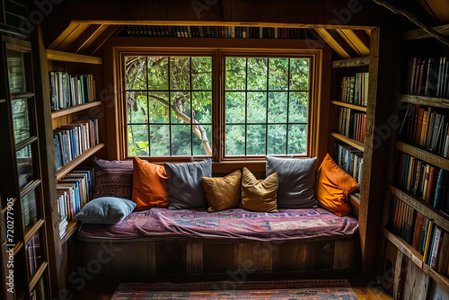 A cozy reading nook perfect for lazy days - featuring comfortable seating surrounded by books - creating a quiet retreat and ideal relaxation spot for book lovers.