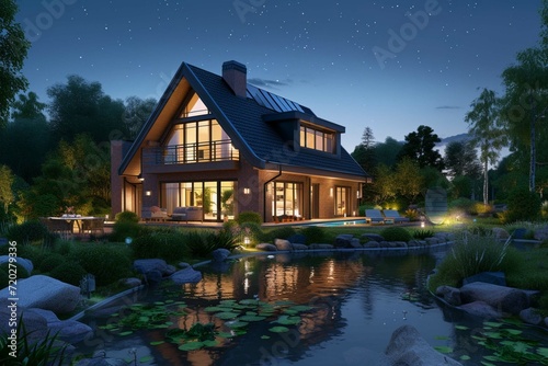3d rendering of modern cozy clinker house on the ponds with garage and pool for sale or rent with beautiful landscaping on background. Clear summer night with many stars on the sky.